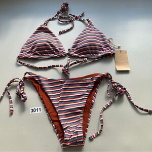 Samiol Medium Brown Colorful Striped Reversible Bikini Set